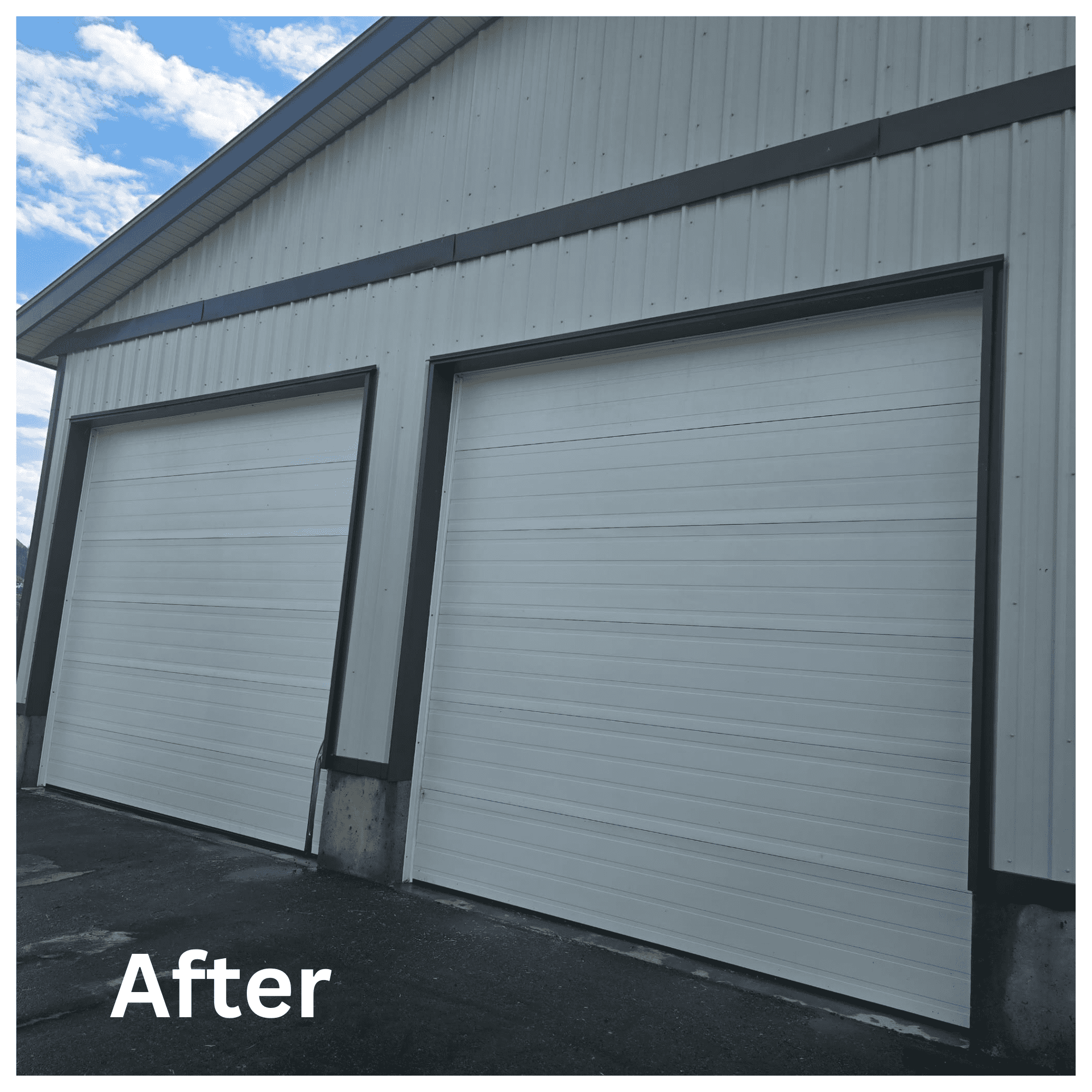 Bright, clean commercial garage doors and siding after pressure washing