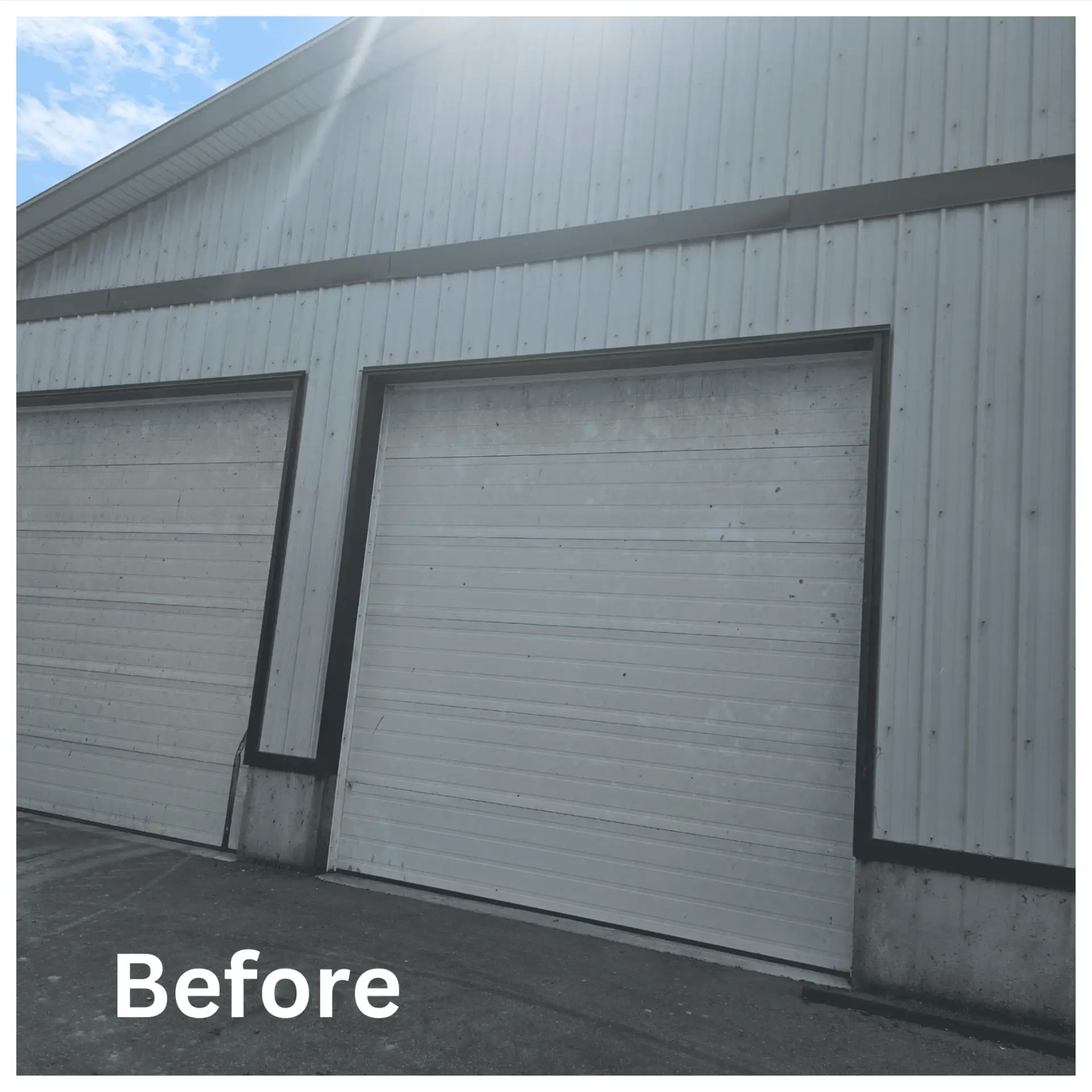 Dirty commercial garage doors and siding before pressure washing