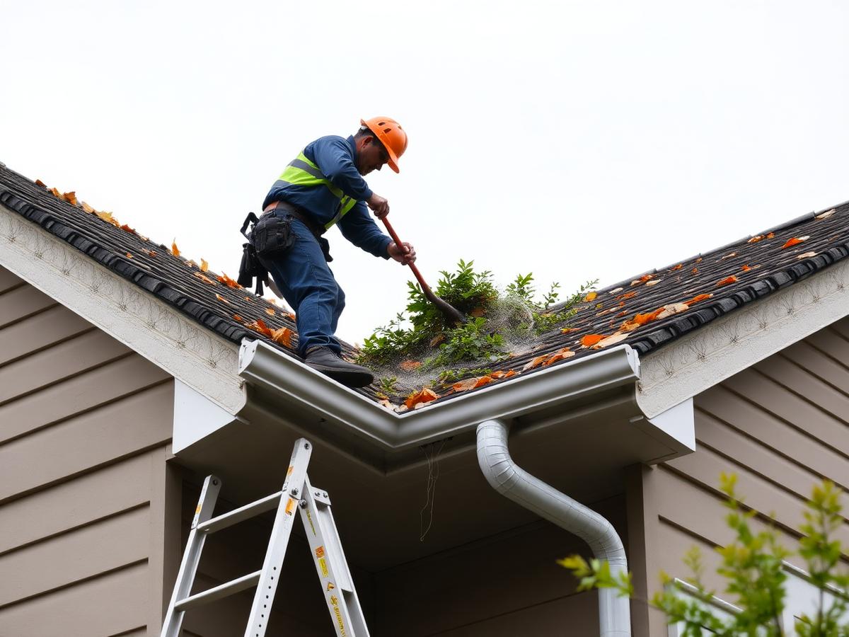 Technician clearing leaves from the gutters of a Fraser Valley home