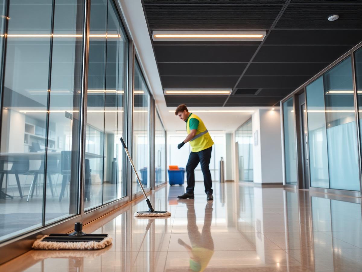Janitorial cleaner mopping the floor of a bright office hallway